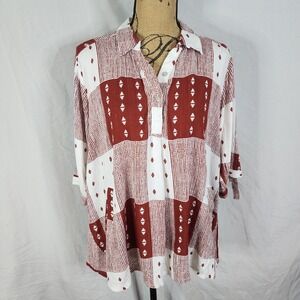 GIA CURVES‎ Size XL Rust Aztec Tribal Buckle Cuff Southwestern Casual Blouse